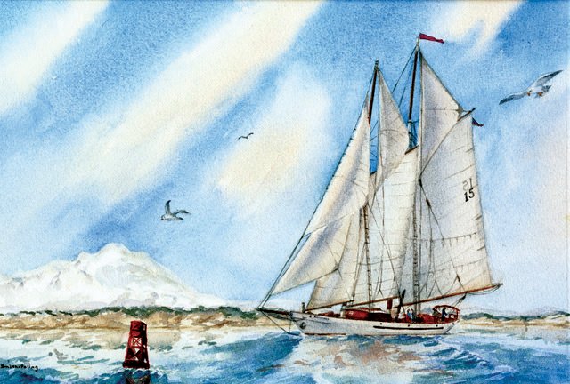 Watercolor of the schooner Adventuress by Sandra Smith-Poling.